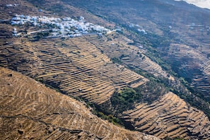Campos agrícolas en terrazas con un pequeño pueblo en el valle.