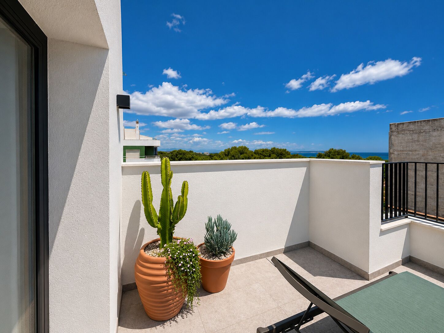 Un balcone con vista sul mare, un cactus e una pianta in vaso.