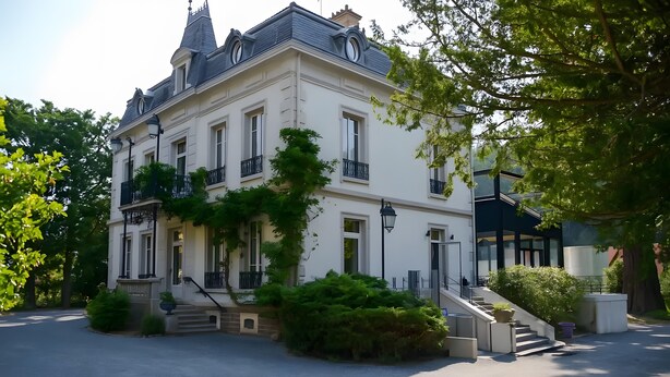 Ein mehrstöckiges Gebäude im klassischen Stil, mit einer symmetrischen Fassade, zahlreichen Fenstern und einem zentralen Eingang mit Stufen.