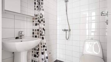 Shower, hair dryer, shampoo