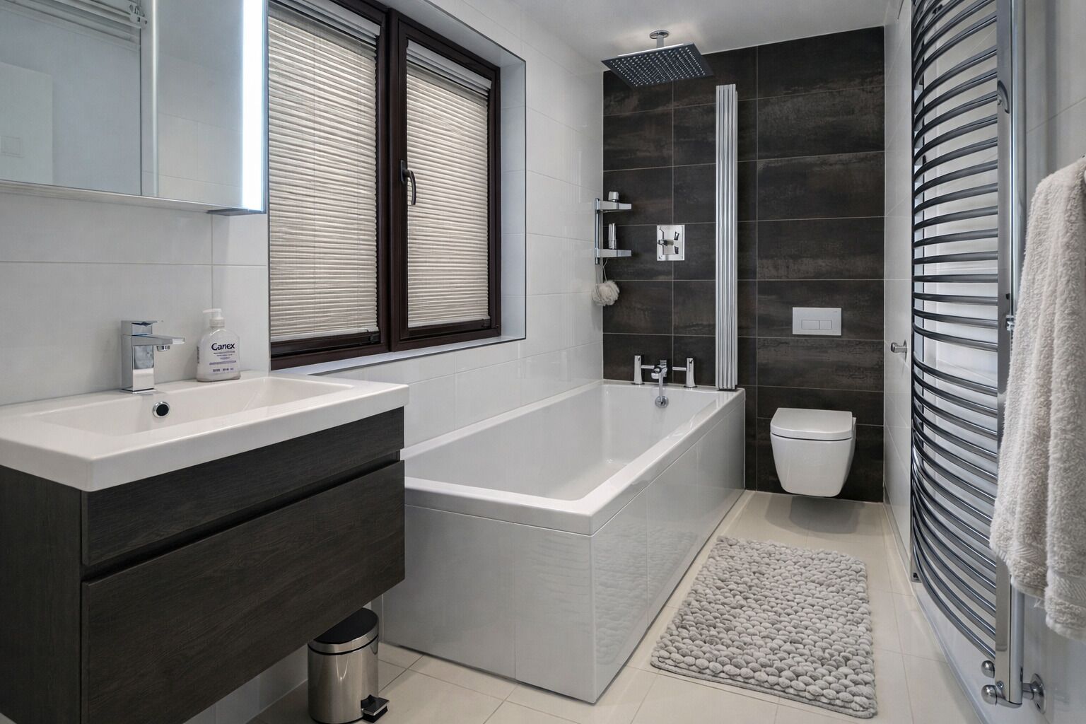 Hair dryer, towels, soap, shampoo