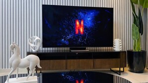 A modern living room with a flat-screen TV mounted on a wall, a white horse sculpture, a potted plant, and a reflective surface below the TV. - Lucky Getaways (Dubai)