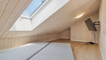 Una habitación con techo inclinado, tragaluz, cama, televisor montado en la pared y toma de corriente.