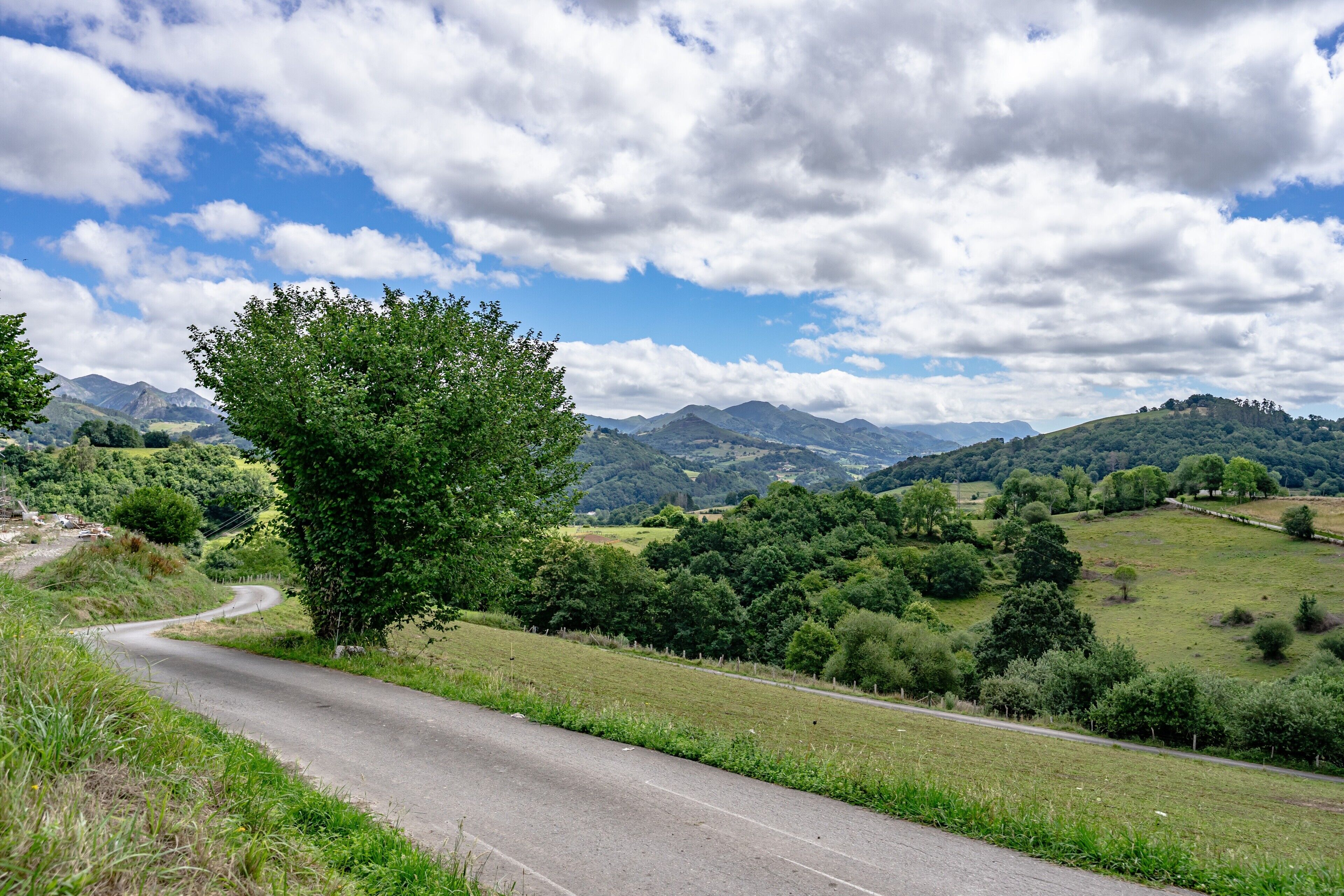 Een slingerende weg door een groen landschap, met bergen op de achtergrond.