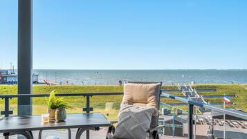 En balkon med havudsigt, en stol, et bord og en potteplante.