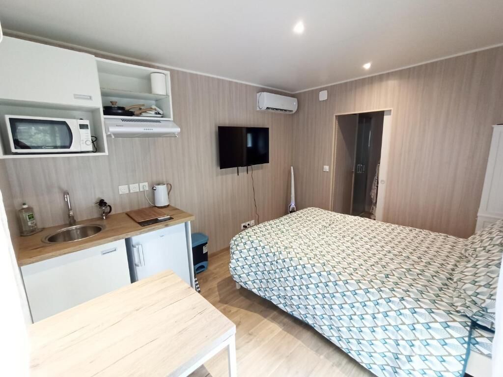 Une chambre d’hôtel compacte comprenant un coin cuisine, un lit, un téléviseur à écran plat et une porte donnant sur une autre pièce.
