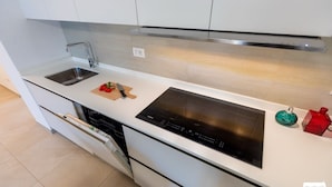 A modern kitchen with a stainless steel sink, a black induction cooktop, and a dishwasher. - WANT OF LAKE by Design Studio (Colico)