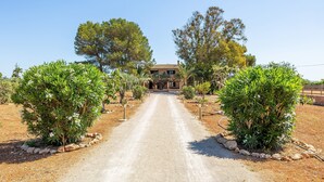 Un chemin pavé mène à un bâtiment dont le toit est recouvert de tuiles, et qui est entouré de petits arbres et d’arbustes.