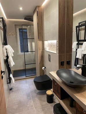 Secadora de cabello, toallas, jabón, papel de baño 