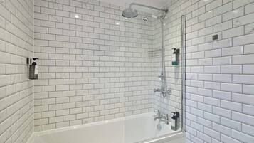 Shower, hair dryer, shampoo