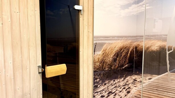 En trædør med et glasfelt, der fører til et rum med et maleri af en strand.
