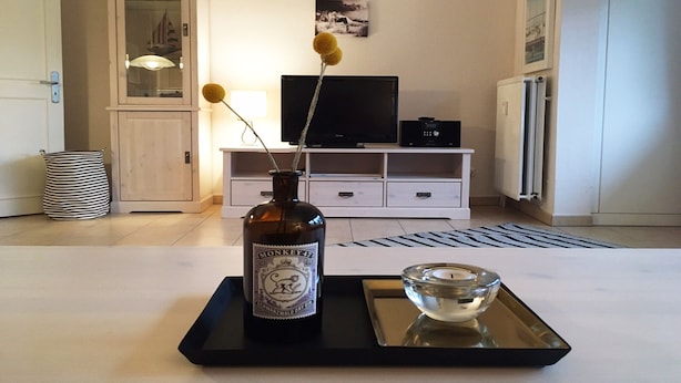A modern living room with a television, a cabinet, and a bottle of Monkey 7 on a tray. - Comfortable vacation apartment with terrace in Westerland (Westerland)