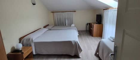 A room with a large bed, a desk, a chair, a television, and a skylight.