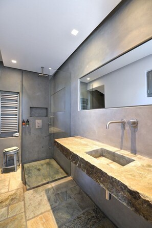 A modern bathroom with two sinks, a shower, and a large mirror.