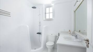 Douche, serviettes fournies, savon, shampoing