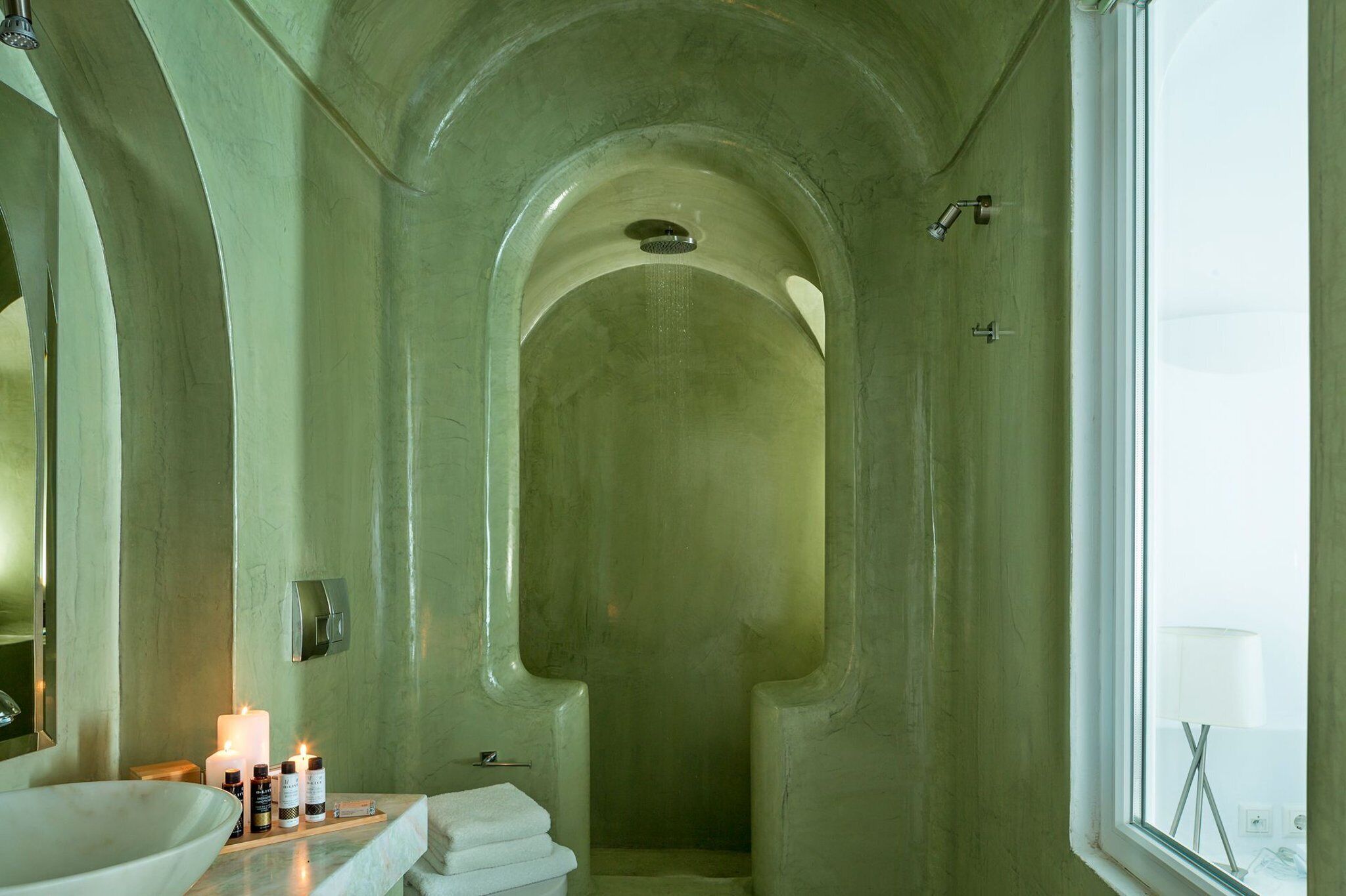 Shower, towels, soap, shampoo