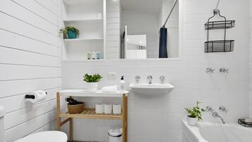 Shower, hair dryer, towels