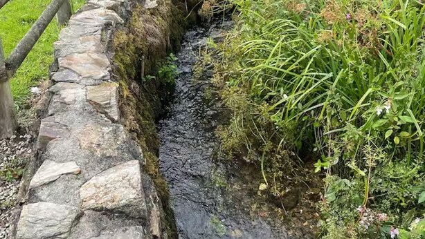 A stone-lined drainage ditch with overgrown vegetation, a wooden fence, and a white house in the background. - 2 Bed Cottage - Sleeps 5 - Pets - Parking - Garden (Liskeard)