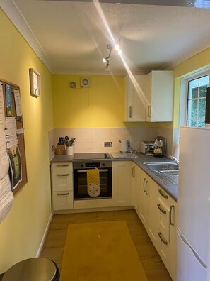 Lemari es, microwave, oven, dan kompor