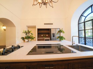 A modern kitchen with a central island, built-in appliances, and large windows. - Villa Kalisa- Hillside Heritage Villa just steps from Sorrento Centre (Sorrento)