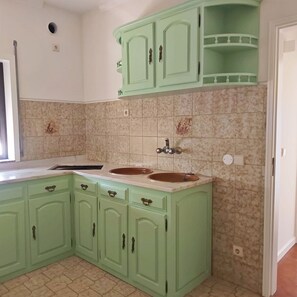 A kitchen with green cabinets, two sinks, and a tiled backsplash. - 1-Bedroom Apartment in Amares, Braga (September through June) (Barreiros)