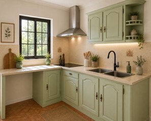 A kitchen with light green cabinets, a black faucet, and a window with a view of greenery. - 1-Bedroom Apartment in Amares, Braga (September through June) (Barreiros)