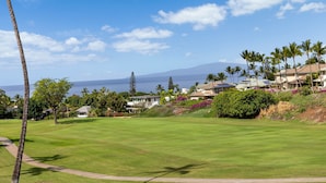 A golf course with a clear view of the ocean and a residential area with houses and palm trees. - Wailea Grand Champion, #78 2 Bedroom Condo (Kihei)