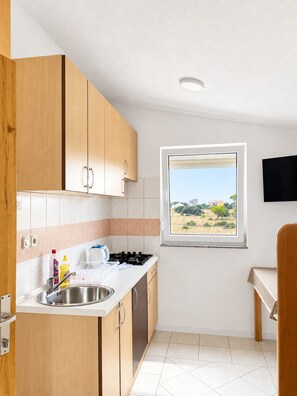Eine kleine Küche mit Holzschränken, einem Edelstahl-Spülbecken und einem Fenster mit Landschaftsblick.