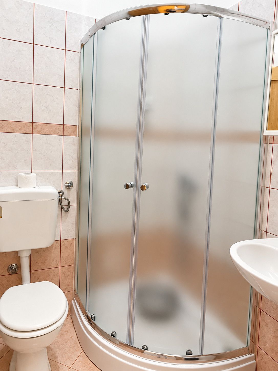 A bathroom with a glass-enclosed shower, a toilet, and a sink.