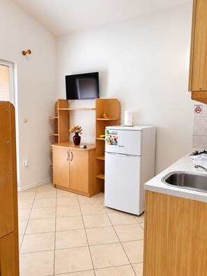 A compact kitchen with a refrigerator, wooden cabinets, a TV mounted on the wall, and a tiled floor. - Apartment Vir 5 (Vir)
