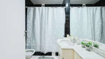 Ducha, secador de pelo, toallas, shampoo