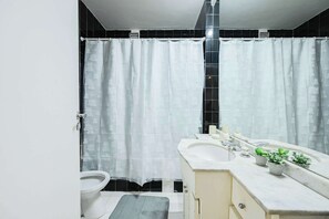 Ducha, secador de pelo, toallas, shampoo