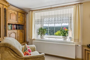 A cozy reading nook with a chair, a bookshelf, and a window with lace curtains.