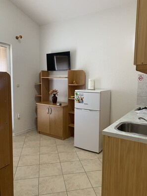 A compact kitchen with a refrigerator, wooden cabinets, a sink, and a tiled floor. - Apartment Vir 5 in Vir (Vir)