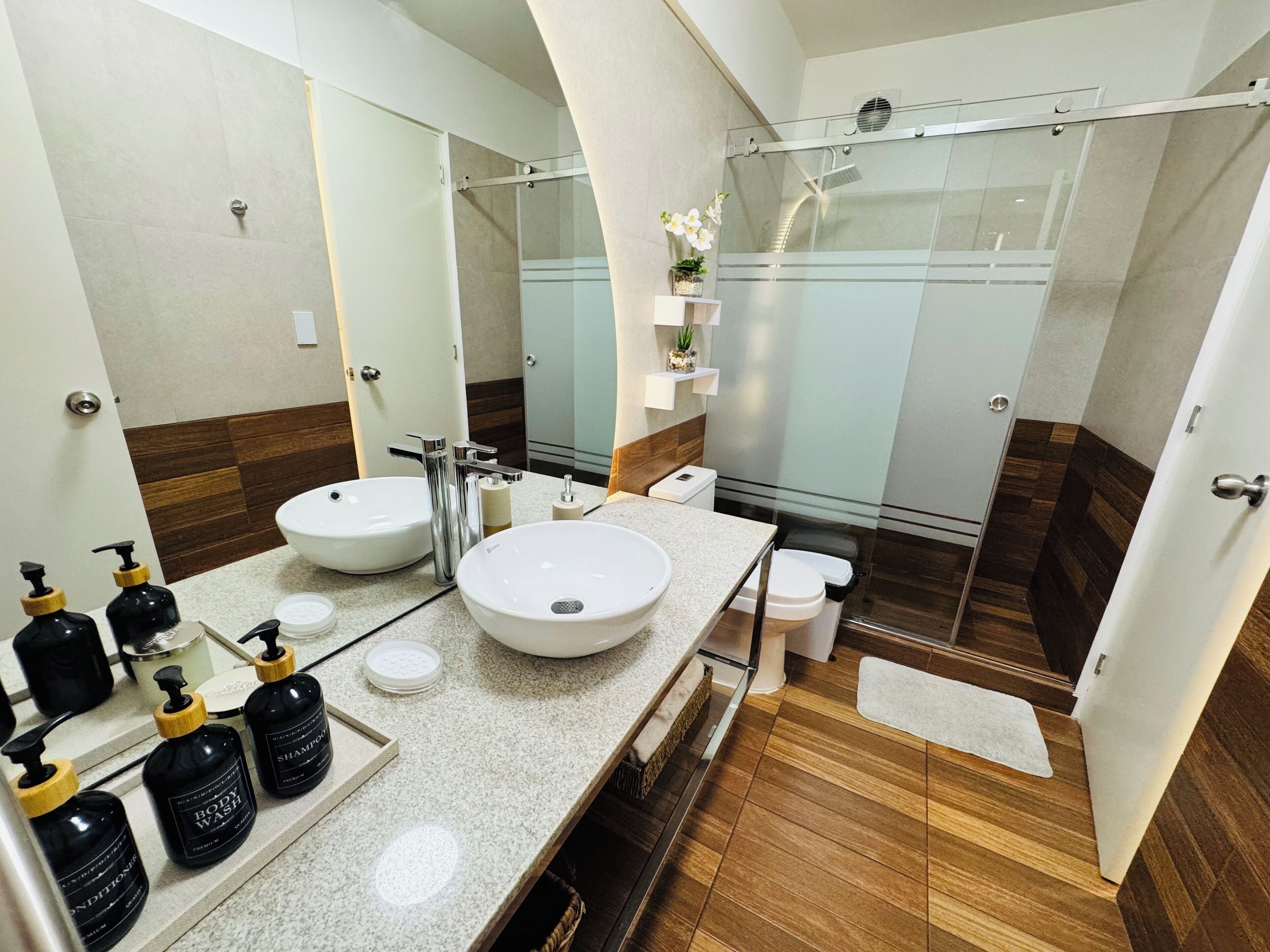 Hair dryer, towels, soap, toilet paper