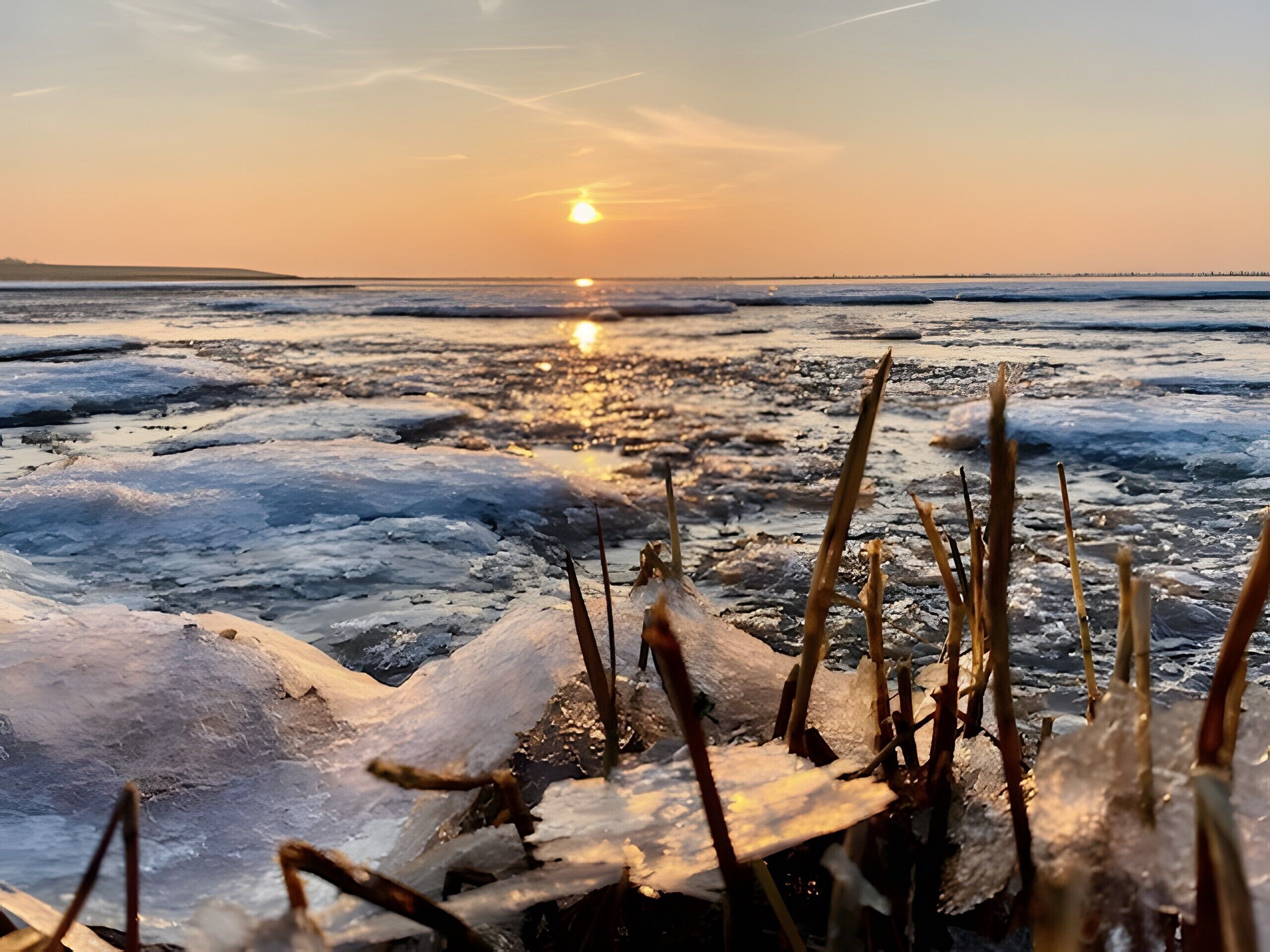 Un paysage hivernal, avec de la glace et de la neige, un coucher de soleil en arrière-plan et quelques plantes au premier plan.