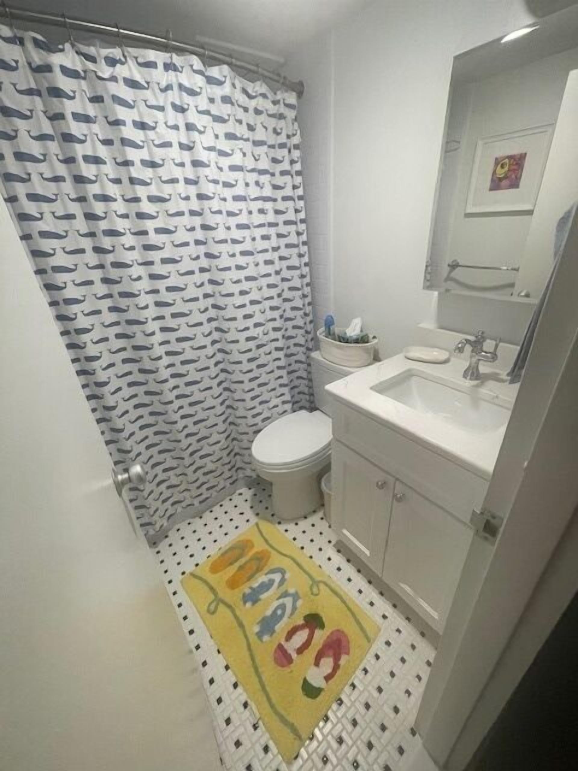 A bathroom with a patterned shower curtain, a toilet, a sink, and a mirror.