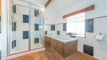 Shower, hair dryer, towels