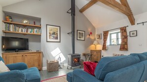 Ein gemütliches Wohnzimmer mit Kamin, blauen Sofas, einem Fernseher und einem Bücherregal.