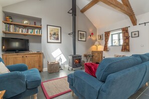 A cozy living room with a fireplace, blue sofas, a television, and a bookshelf. - Self Catering Barn Conversion in the Conwy Valley | Conwy-Barn (Rowen)