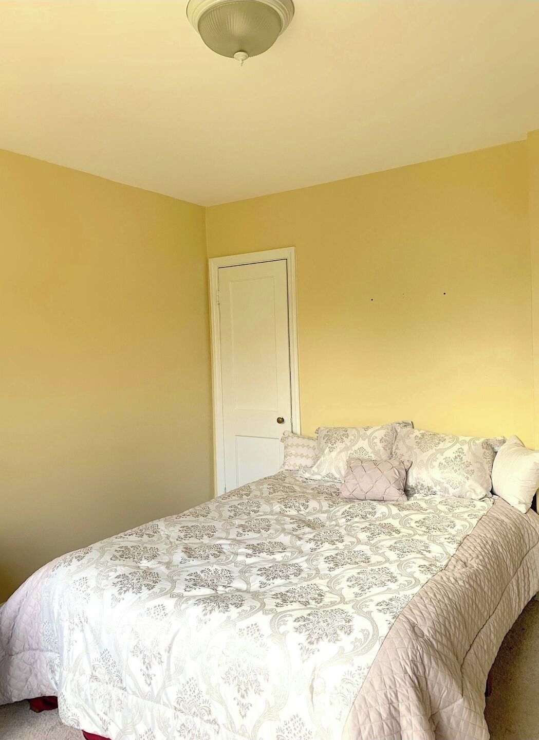Una camera da letto con un letto, una porta e una luce a soffitto.