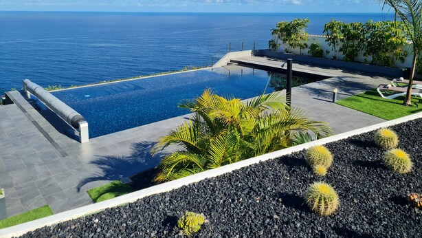 A pool with a view of the ocean, surrounded by palm trees and cacti. - Cachito de Cielo (La Victoria de Acentejo)