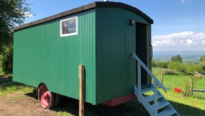 Una casa móvil verde con chimenea, una ventana y un pequeño porche con escalones.