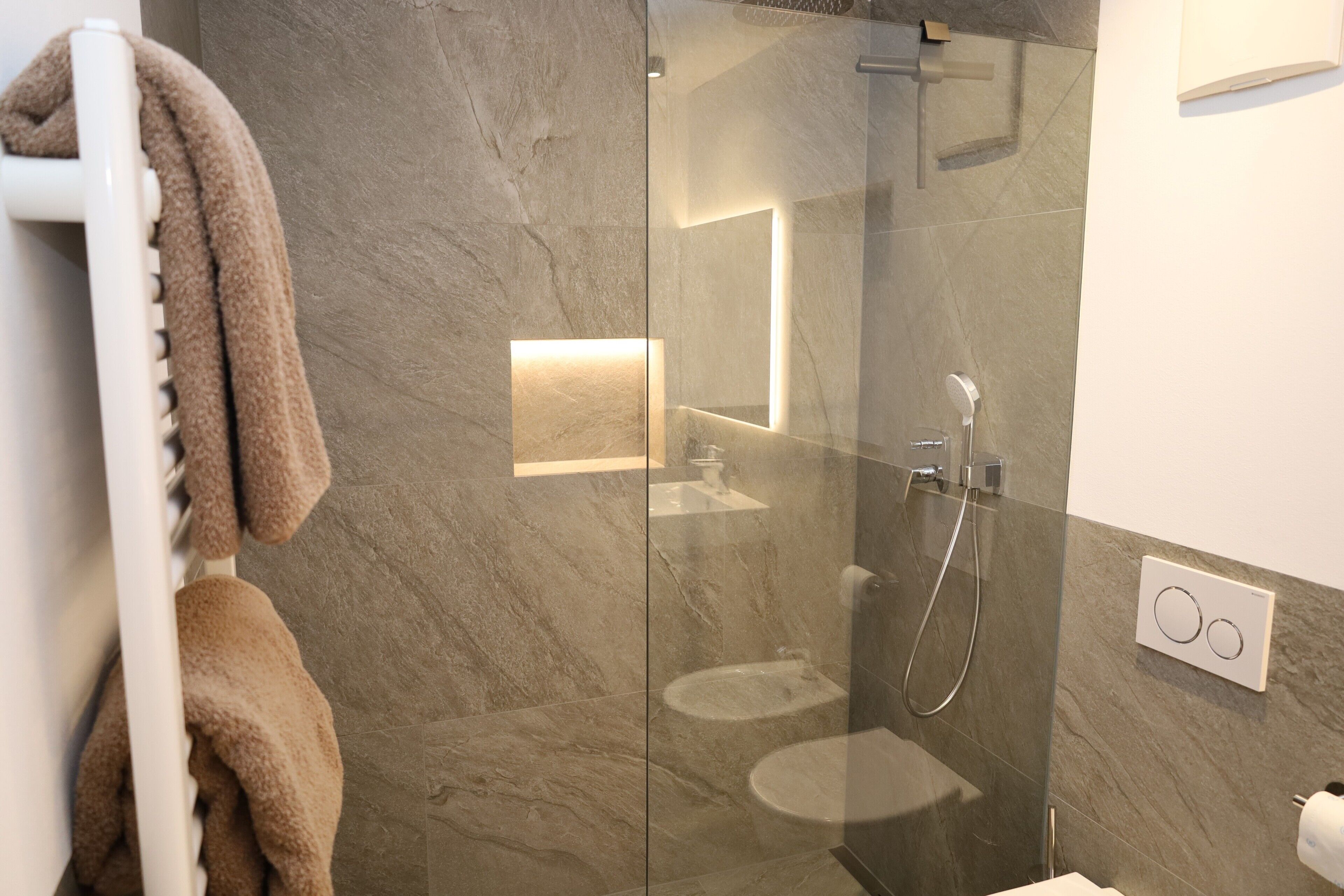 Shower, hair dryer, towels