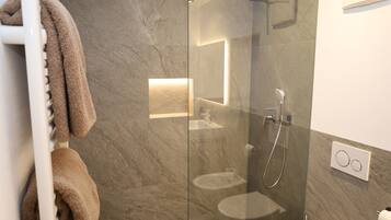 Shower, hair dryer, towels