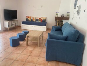 Un saló amb un sofà, una taula de centre i una televisió.