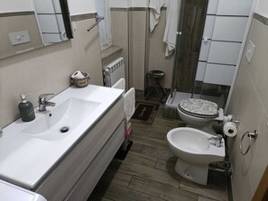 A bathroom with a large sink, toilet, and shower area. - COZY TOURIST ACCOMMODATION THE REFUGE IN FIUMICINO (Fiumicino)