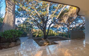 A spacious courtyard with a large tree, stone seating, and a tiled floor. - Portobello di Gallura   Villa Rose Lux   Independent Villa (AGLIENTU)