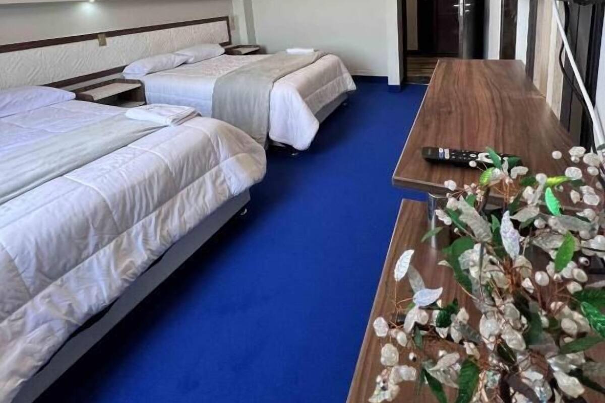 Habitación de hotel con dos camas, una mesa de madera, un televisor y una lámpara del techo.