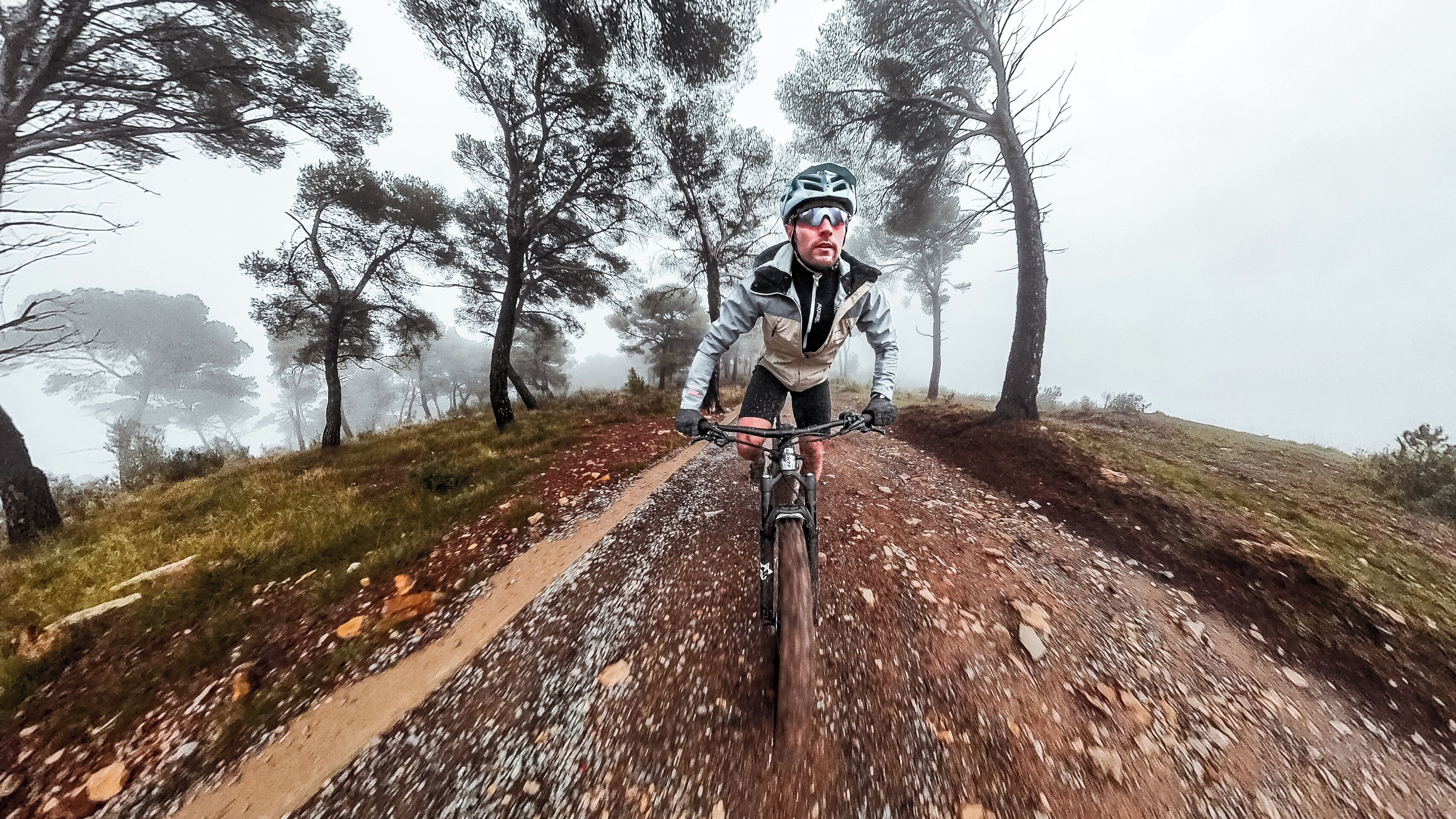 Une personne à vélo circule sur un chemin de terre, entourée d’arbres.